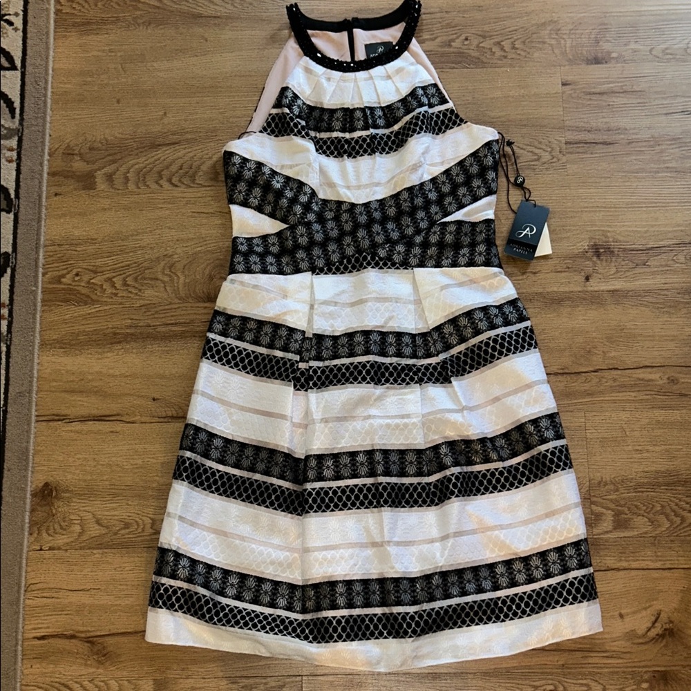 Adrianna Papell Black and White Patterned Midi Dress